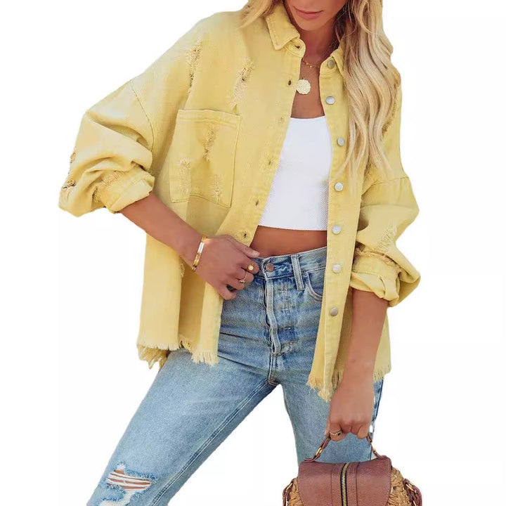 Damen nan oversized Jeansjacke mit Fransen, distressed Details und Druckknöpfen Echo Archiv