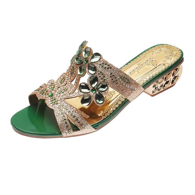 Damen nan verzierte Riemchensandalen mit mittelhohem geometrischem Blockabsatz und Kristallblumen Echo Archiv