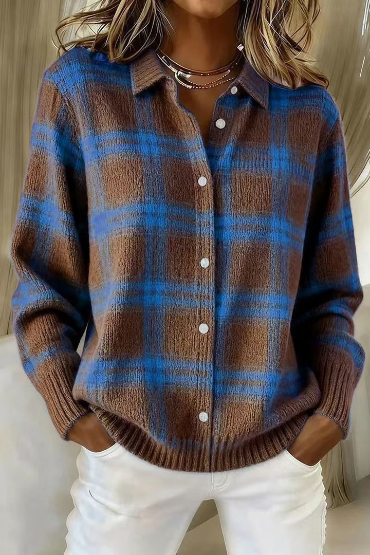 Damen Kariertes Strick-Hemdjacke-Cardigan mit Hemdkragen und gerippten Bündchen Echoarchiv