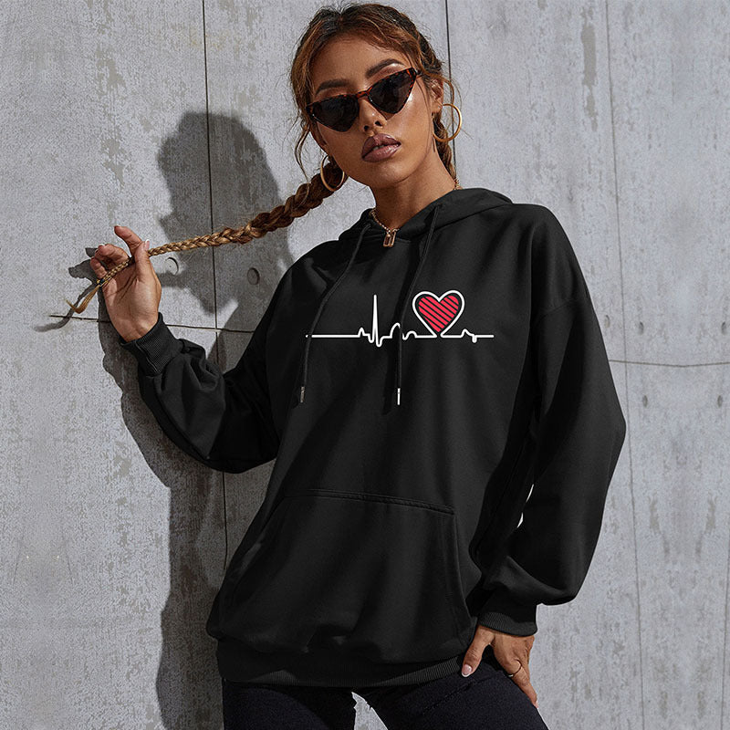 Damen Oversize-Kapuzenpullover mit Herz-EKG‑Print und Kängurutasche Echoarchiv