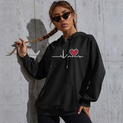 Damen Oversize-Kapuzenpullover mit Herz-EKG‑Print und Kängurutasche Echoarchiv