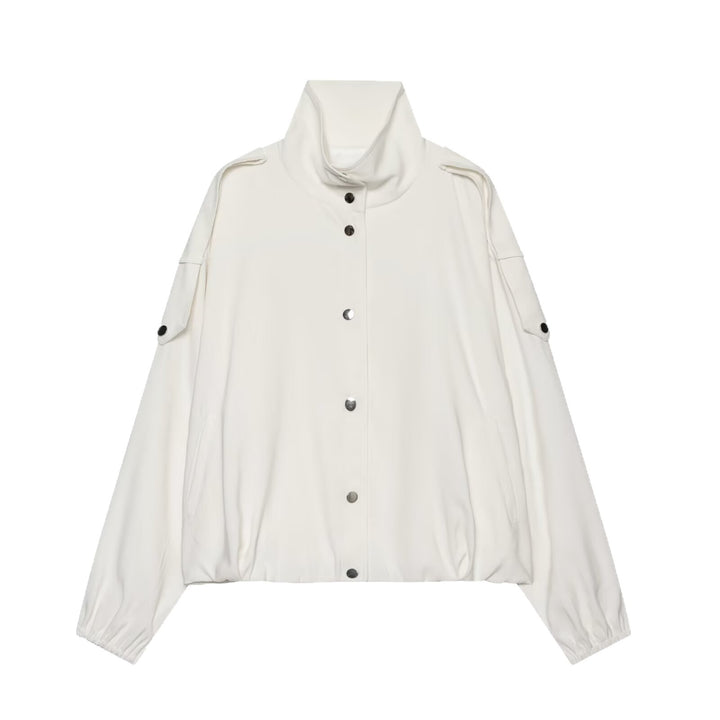 Damen Cropped-Boxy-Canvasjacke mit Funnelkragen, Druckknopfverschluss und Schulterpatten Echoarchiv