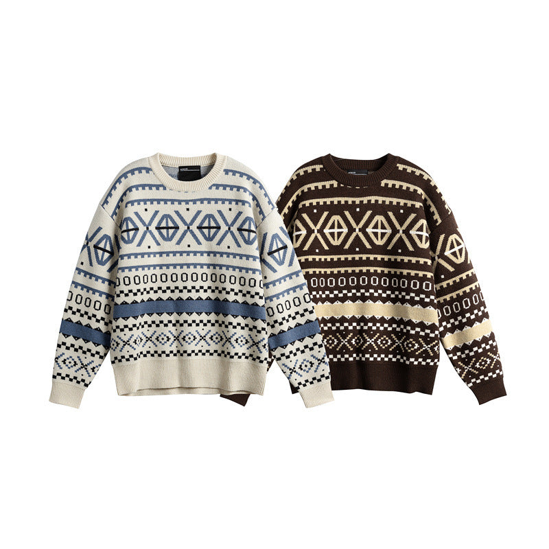 Unisex Gemusterter Grobstrickpullover im Norwegerstil mit Rundhals Echoarchiv