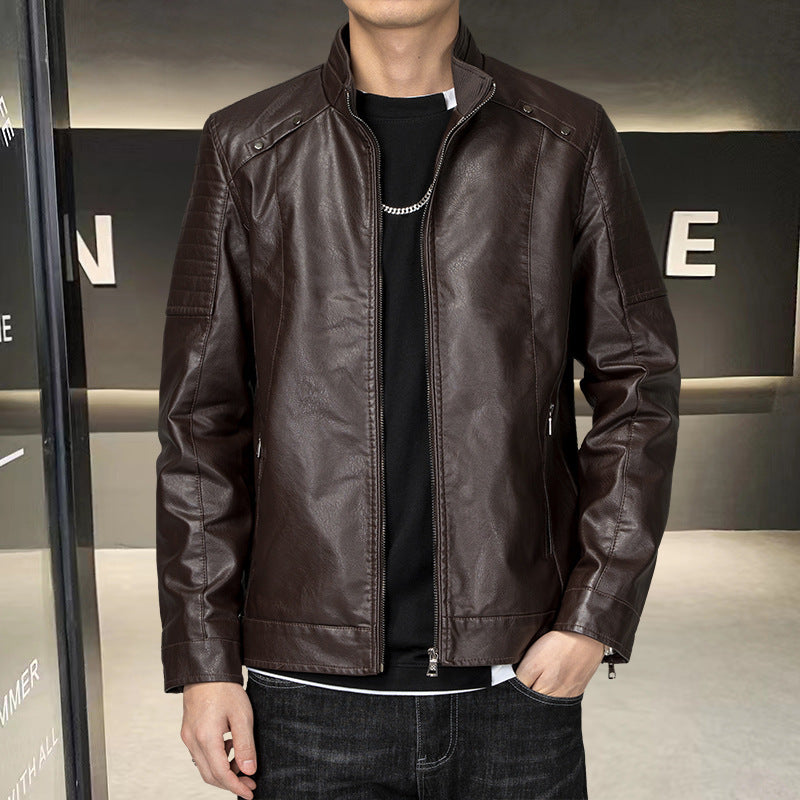 Herren Slim-Fit Kunstleder-Bikerjacke mit Stehkragen und Reißverschlusstaschen Echo Archiv
