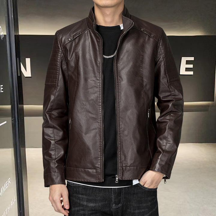 Herren Slim-Fit Kunstleder-Bikerjacke mit Stehkragen und Reißverschlusstaschen Echo Archiv