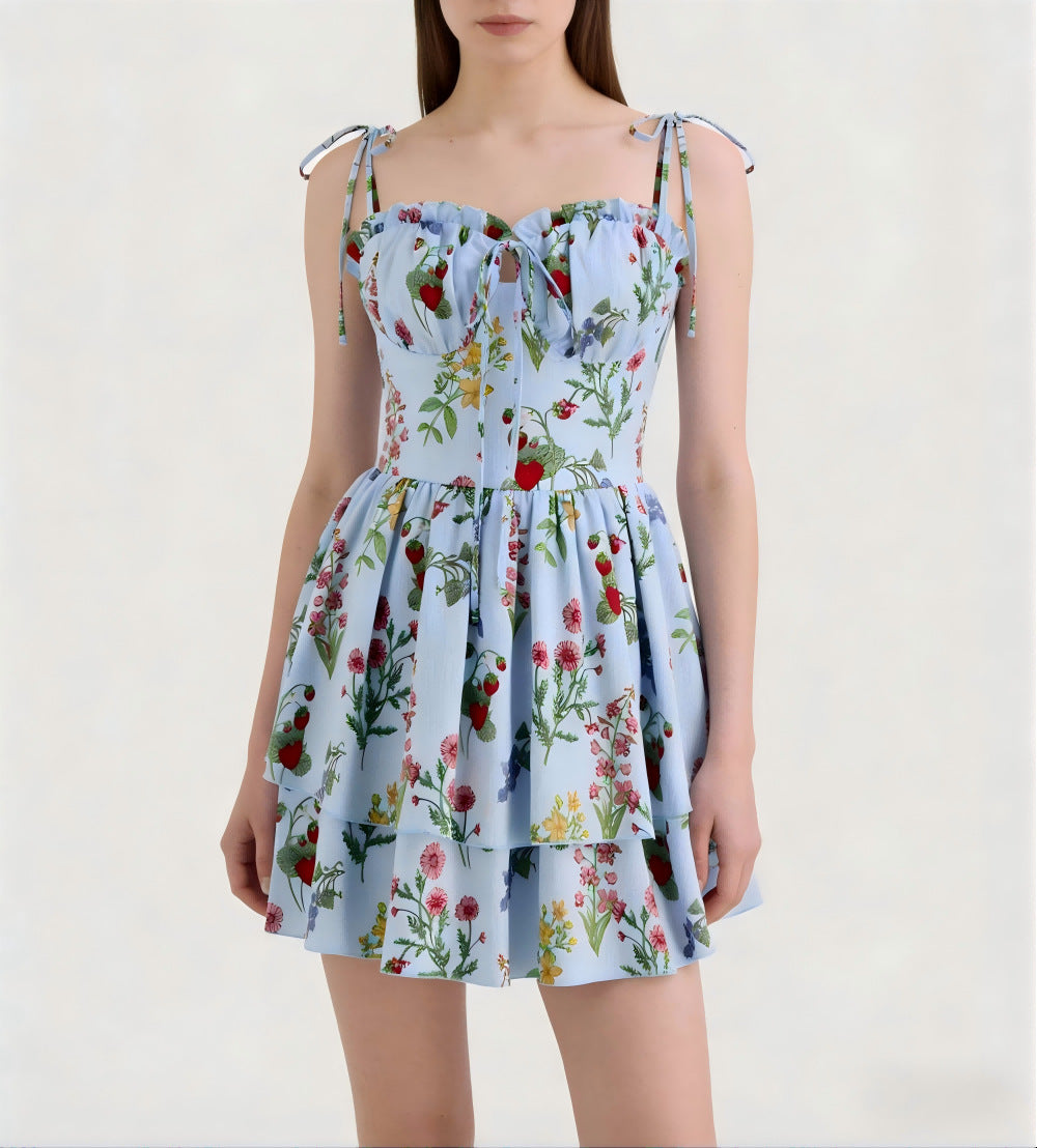 Damen Minikleid mit Blumenmuster und bordeauxfarbenem Unterrock Echo Archiv