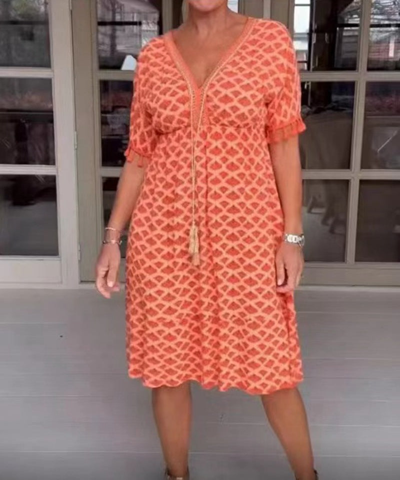 Damen nan lässiges V-Ausschnitt Strandkleid mit Quastenbindeband und Volantrock Echo Archiv