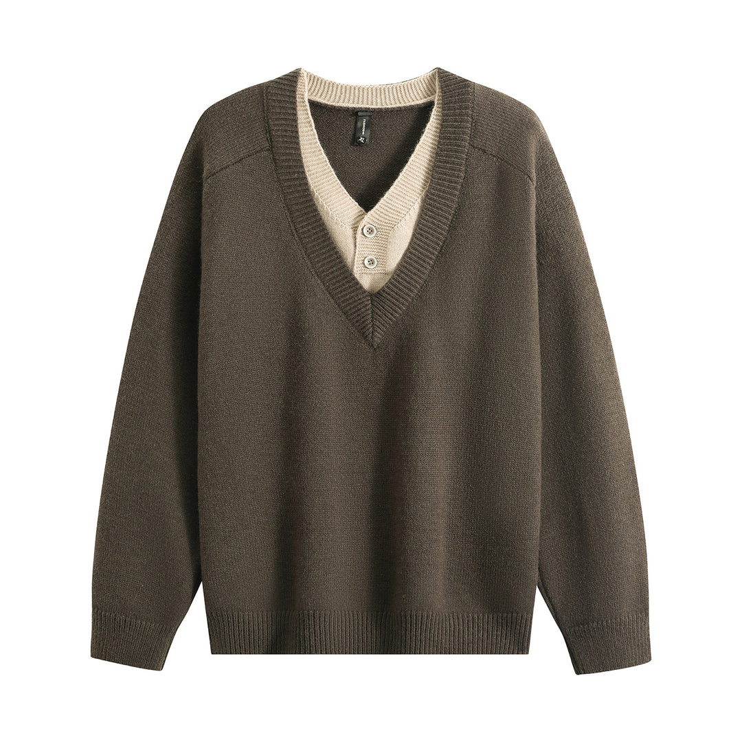 Unisex Oversize V‑Neck Strickpullover mit eingearbeiteter Henley-Optik Echoarchiv