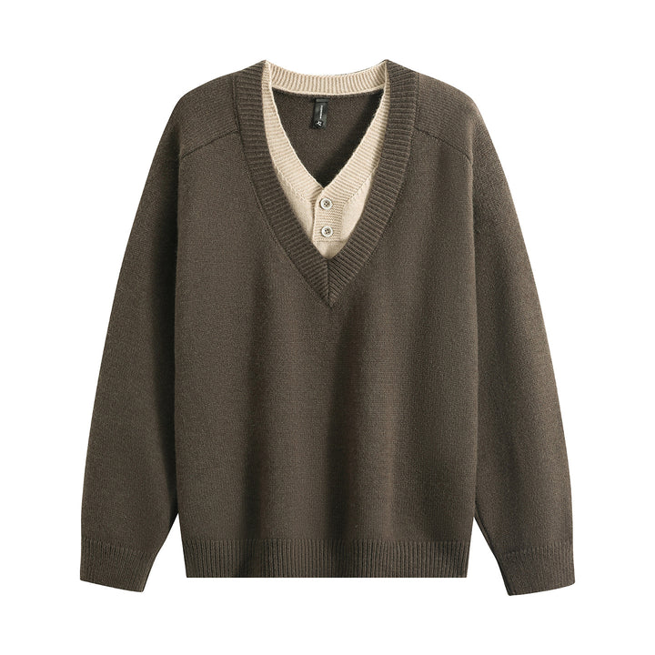 Unisex Oversize V‑Neck Strickpullover mit eingearbeiteter Henley-Optik Echoarchiv