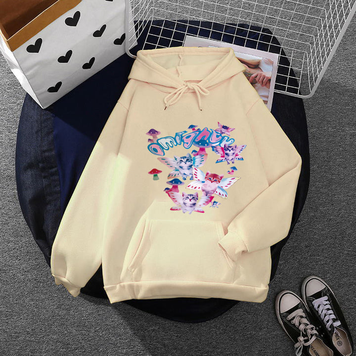 Damen Kapuzenpullover mit verspieltem Katzen‑Schmetterlings-Print und Kängurutasche – Auréline