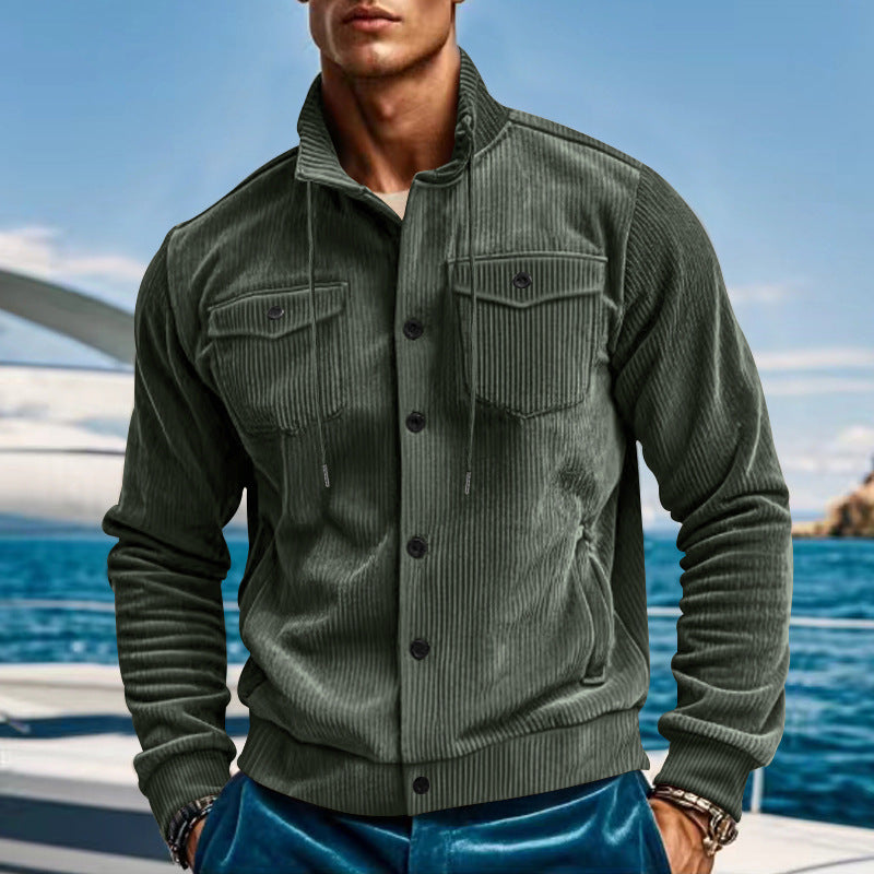 Herren nan lässige fein gerippte Cordjacke mit Stehkragen, Brusttaschen und elastischem Saum Echo Archiv