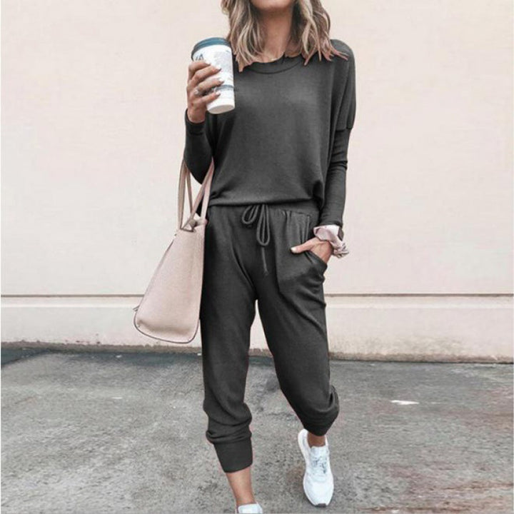 Damen Lässiges Lounge-Set mit Rundhalsausschnitt, Kordelzug-Hose und Bündchen – Élanora