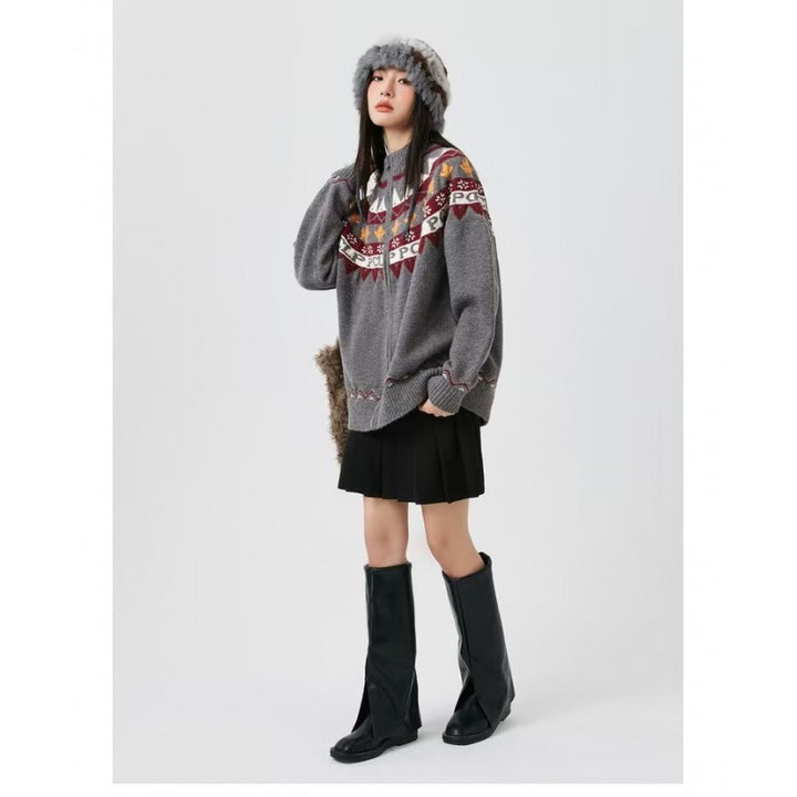 Damen Lässige Strick-Zipjacke mit Jacquard-Yoke und Rippbündchen Echoarchiv