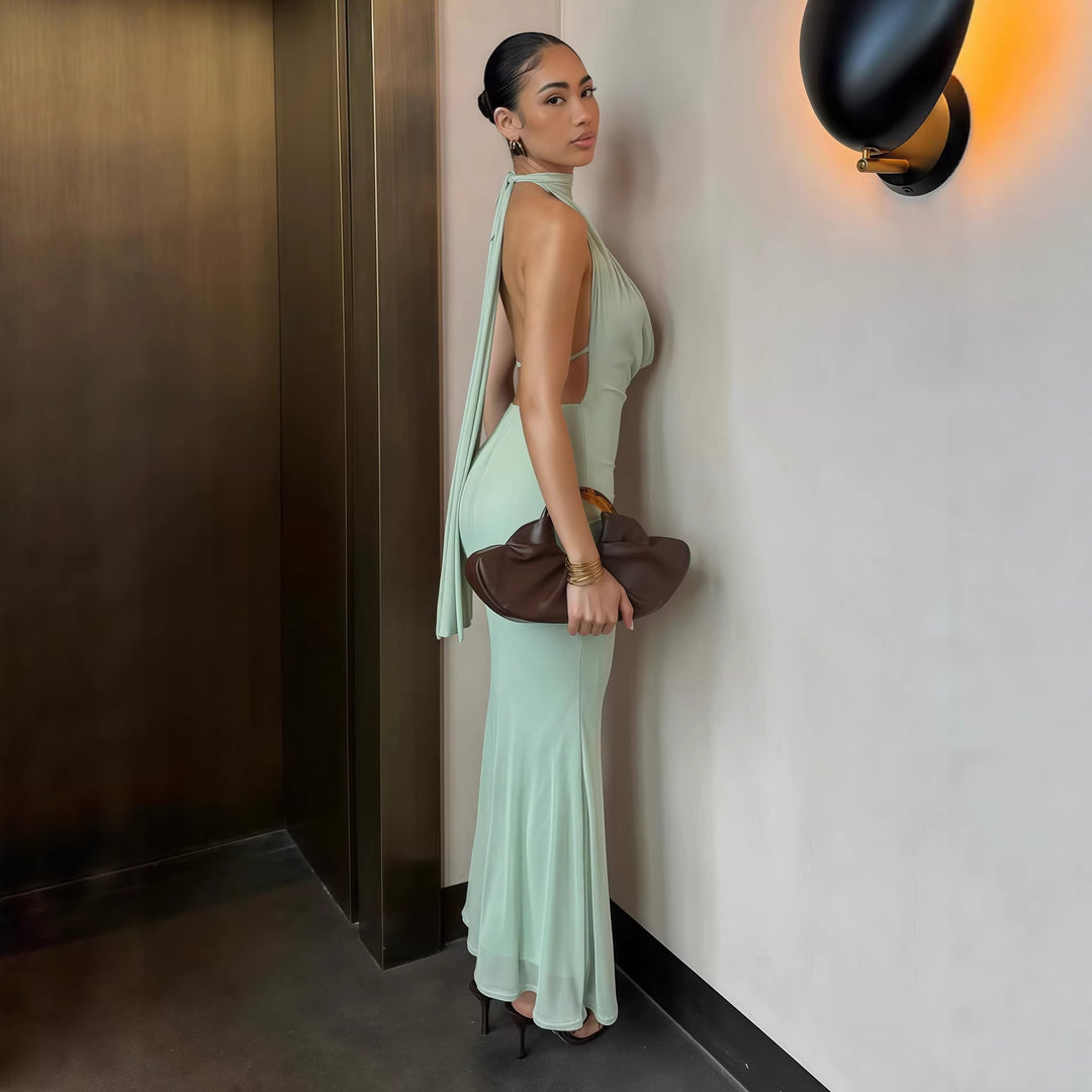 Damen elegantes Maxikleid mit tiefem V-Ausschnitt und schimmerndem Oberteil Echo Archiv