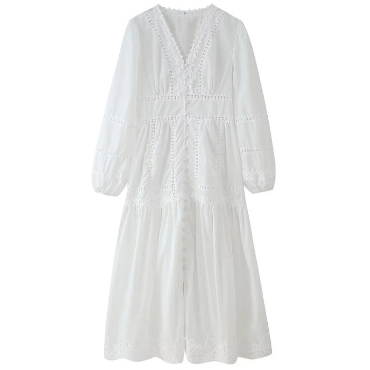 Damen 80+ Maxikleid mit V‑Ausschnitt, Spitzenbesatz, Knopfleiste und Ballonärmeln Echo Archiv