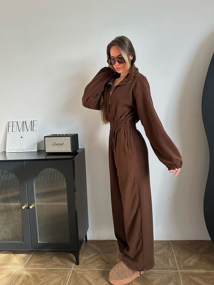 Damen kuscheliger Plüsch-Jumpsuit mit halbem Reißverschluss und elastischer Taille – Solévia