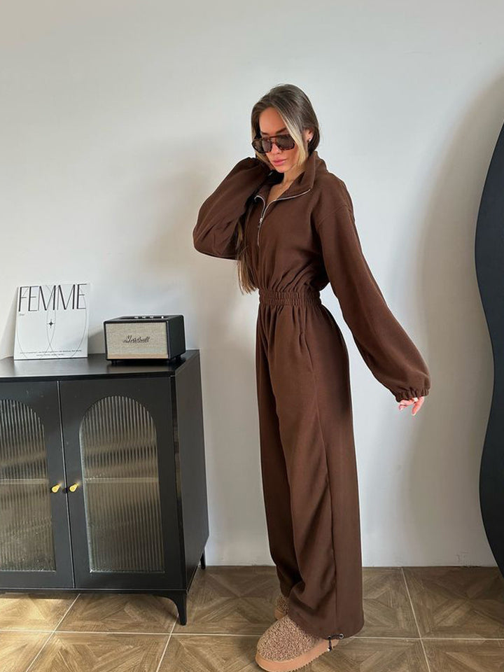 Damen kuscheliger Plüsch-Jumpsuit mit halbem Reißverschluss und elastischer Taille – Solévia