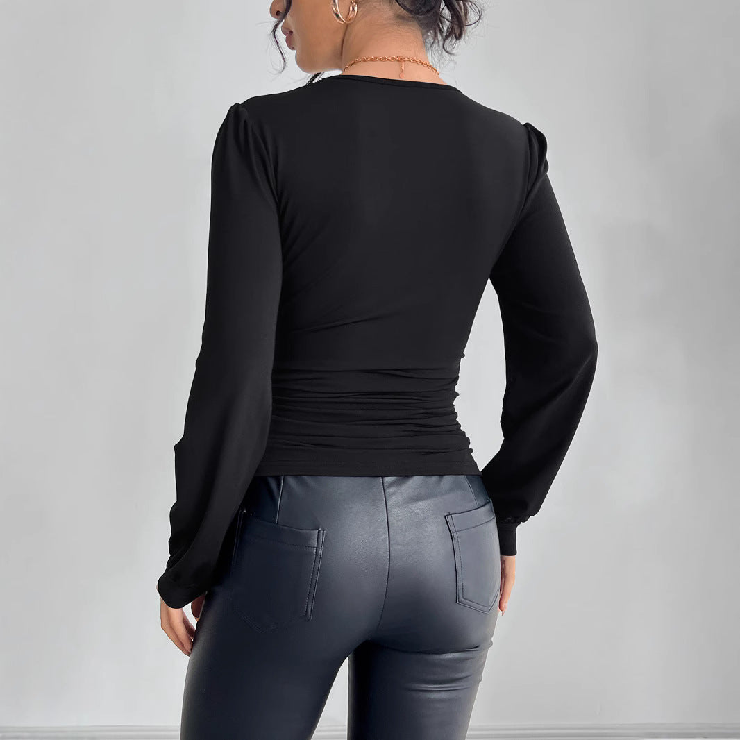 Damen nan tailliertes Langarm-Shirt mit tiefem Spitzen-Dekolleté, Raffung und Kristallbesatz Echo Archiv