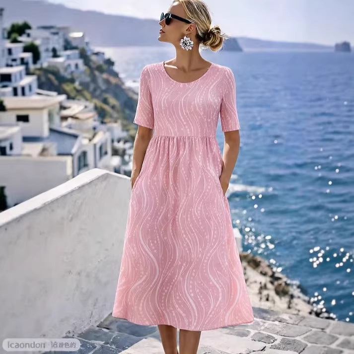 Damen Leichtes Midikleid mit Empire-Taille, halblangen Ärmeln und Eingrifftaschen Echoarchiv