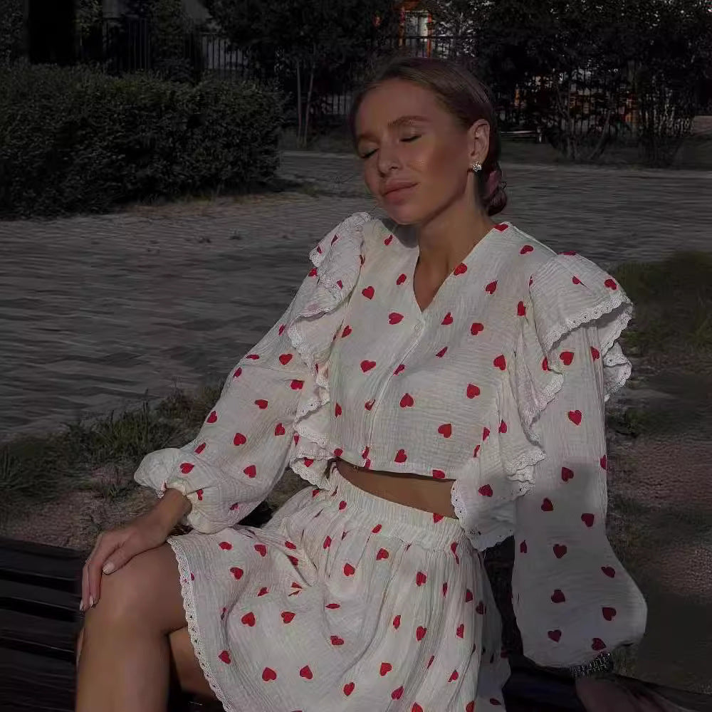 Damen Zweiteiliges Set mit herzförmigem Muster und luftiger Bluse Echo Archiv