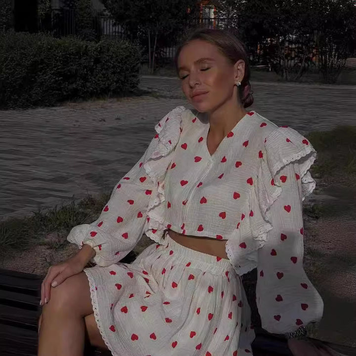 Damen Zweiteiliges Set mit herzförmigem Muster und luftiger Bluse Echo Archiv