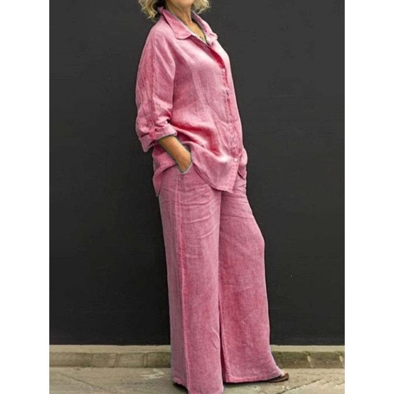 Damen Leichtes Leinen-Loungewear-Set mit Oversized-Hemd und weiter Palazzo-Hose Echo Archiv