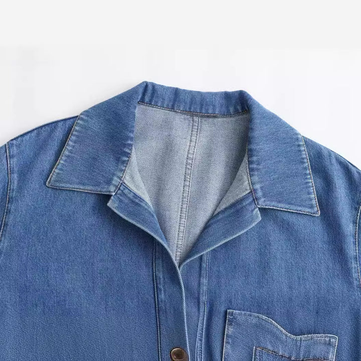 Damen nan oversized Jeanspullover mit offenem V‑Ausschnitt, großer Brusttasche und kastigem Schnitt Echo Archiv