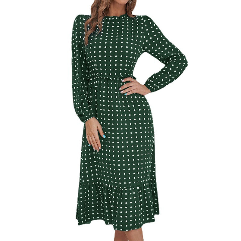 Damen Midikleid im Retro-Polka-Dot-Stil mit Stehkragen, taillierter Raffung und Volant Echoarchiv