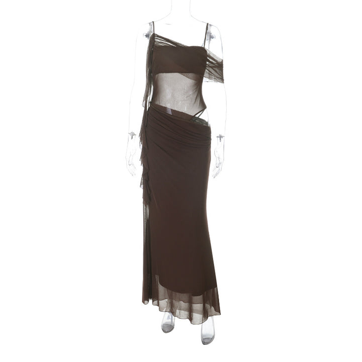 Damen elegantes Abendkleid mit raffinierten Rüschendetails und transparenten Einsätzen Echo Archiv