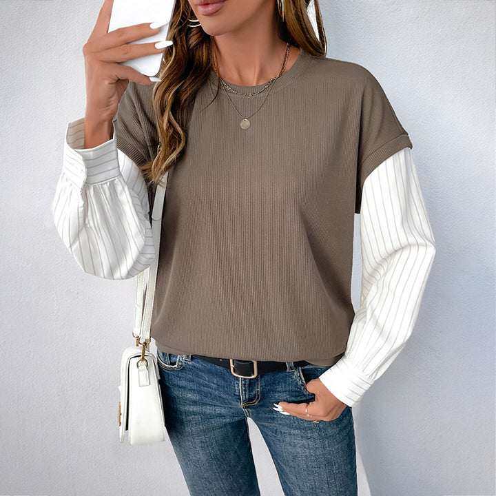 Damen Casual-Longsleeve mit Rippoberteil & gestreiften Blusenärmeln Echoarchiv