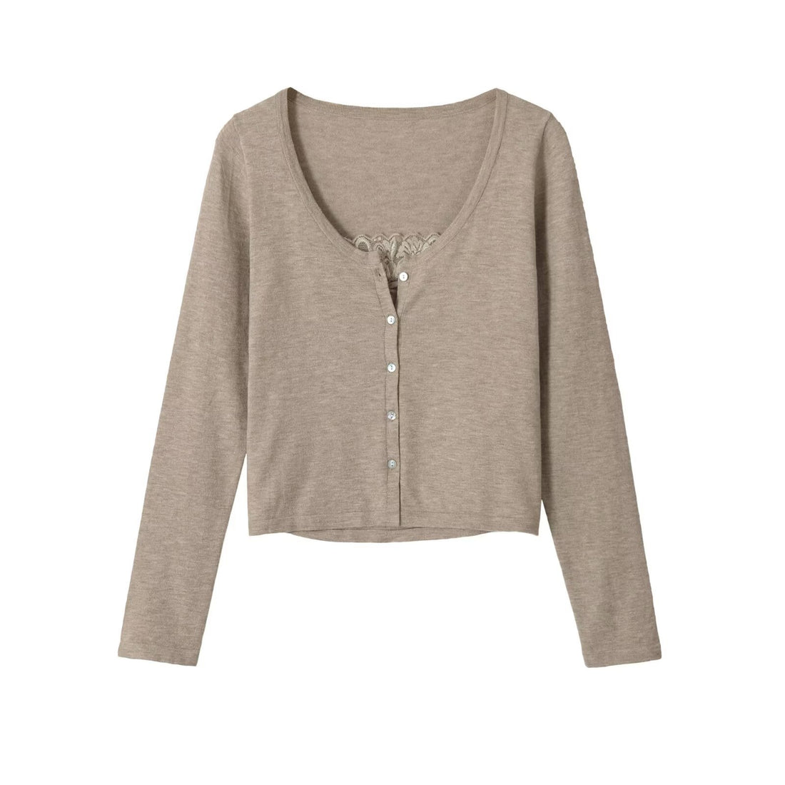 Damen Kurzcardigan aus Feinstrick mit V‑Ausschnitt, Knopfleiste und Spitzeneinsatz Echoarchiv