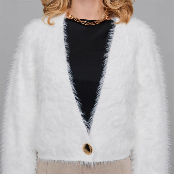 Damen Kurze flauschige Kunstfell-Cardigan mit offenem Schnitt und Raglanärmeln – Veloura
