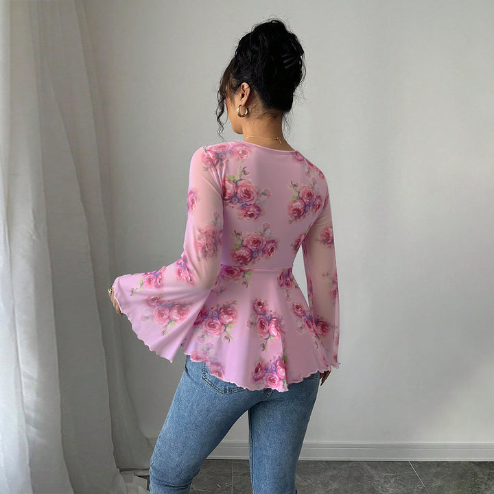 Damen florales Chiffon-Top mit Bindeschleife, Herzausschnitt, ausgestellten Glockenärmeln und tailliertem Schößchen – Élovi
