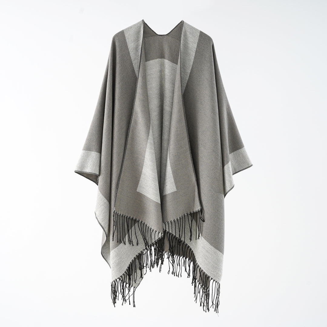Damen Oversize-wendbarer Capeponcho aus Wollmix mit Fransen Echo Archiv