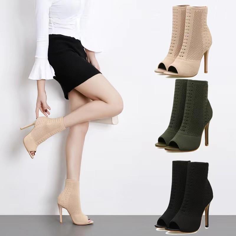 Damen nan gestrickte Peeptoe-Stiefelette mit elastischem Schaft, gepolstertem Fußbett und schmalem Stilettoabsatz Echo Archiv