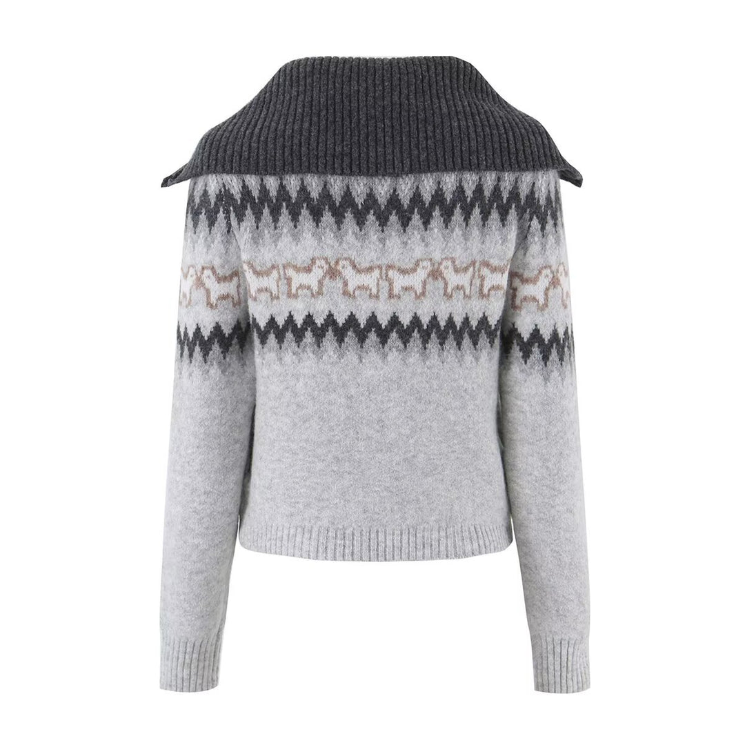 Damen Gestrickte Zip-Cardigan mit Norwegermuster und extra breitem Umlegekragen Echo Archiv