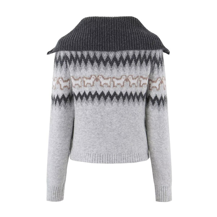 Damen Gestrickte Zip-Cardigan mit Norwegermuster und extra breitem Umlegekragen Echo Archiv