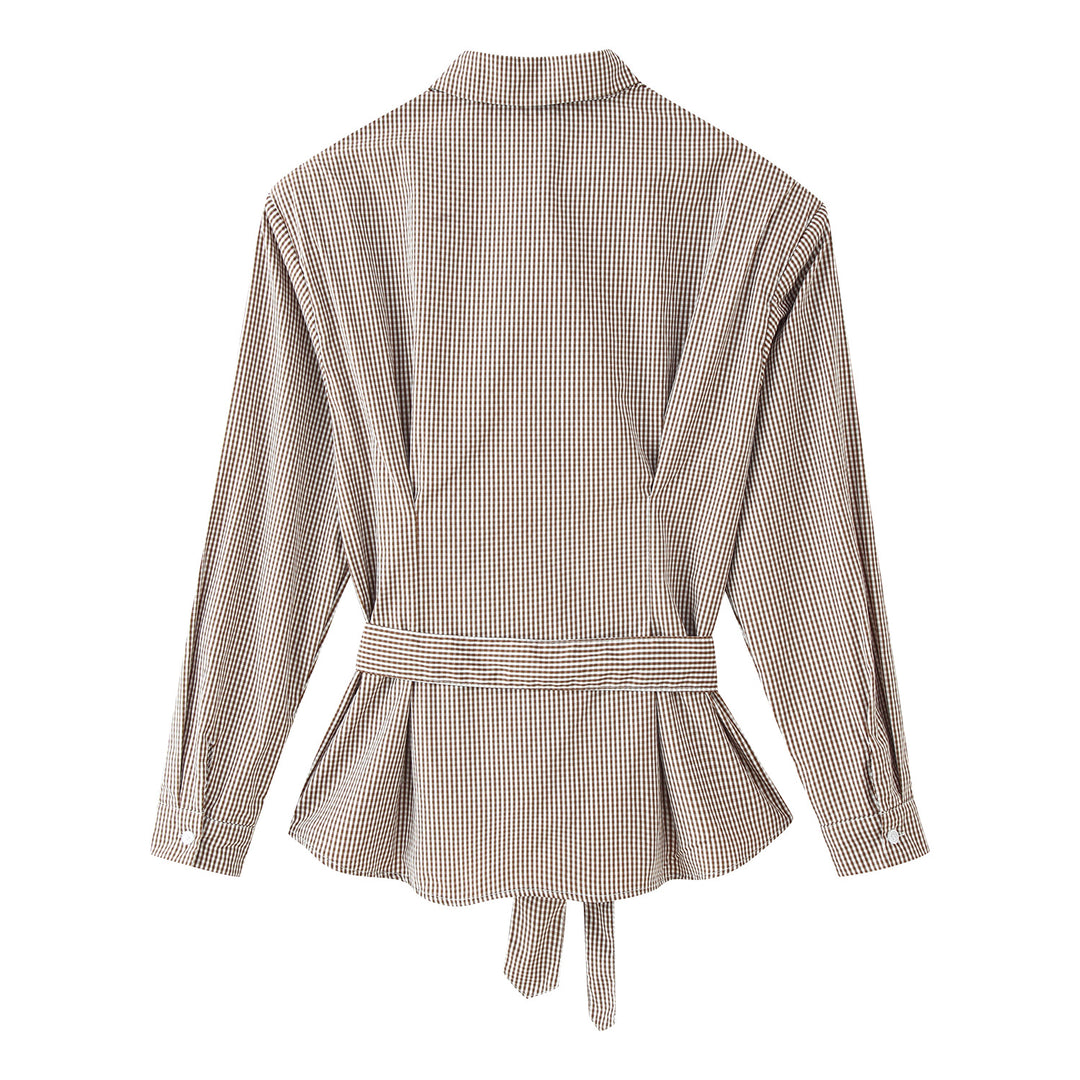 Damen Karo-Hemdbluse mit Taillengürtel und ausgestelltem Volant-Saum Echoarchiv
