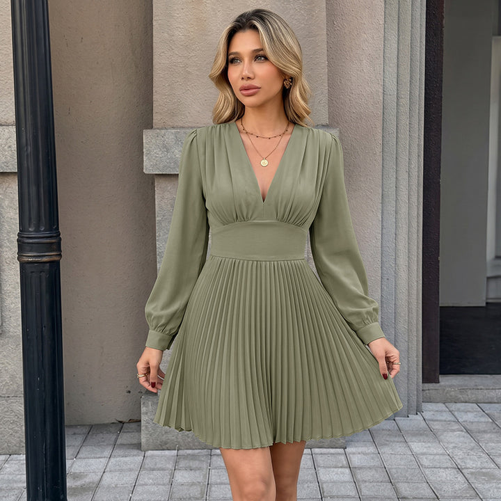 Damen Plissiertes V-Ausschnitt-Kleid mit Taillenband und Langärmeliger Silhouette – Élara