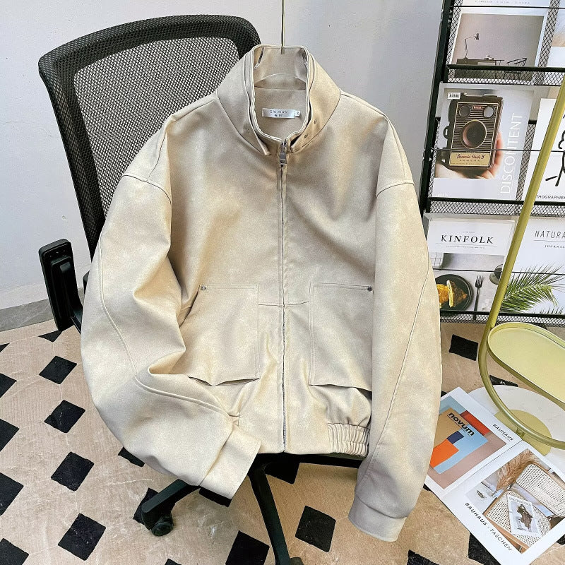 Herren kurze Stehkragenjacke aus Veloursleder-Imitat mit durchgehendem Reißverschluss Echoarchiv