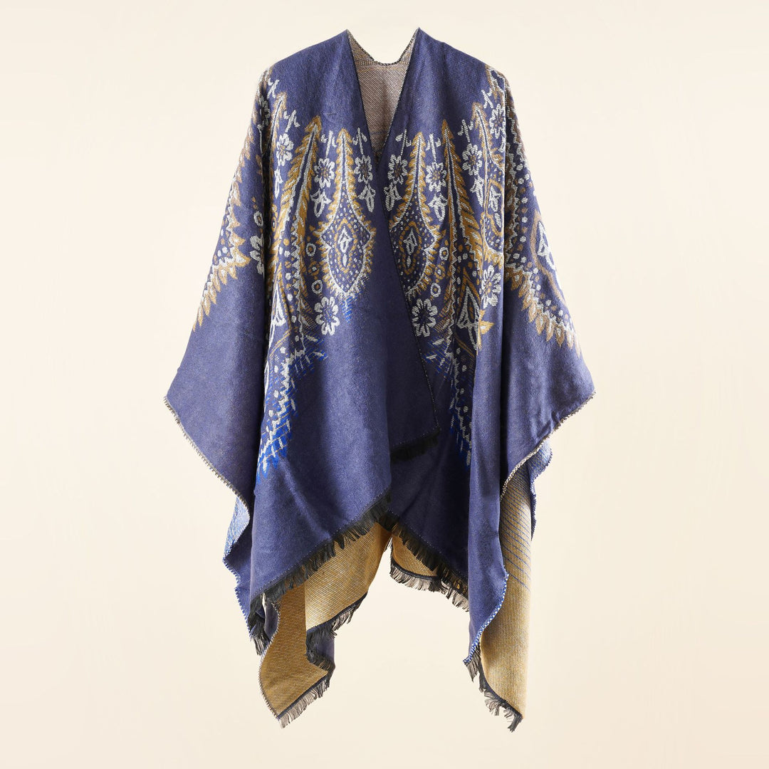 Damen Reversibler Jacquard-Wickelponcho im Oversize-Kaftan mit Fransensaum Echo Archiv