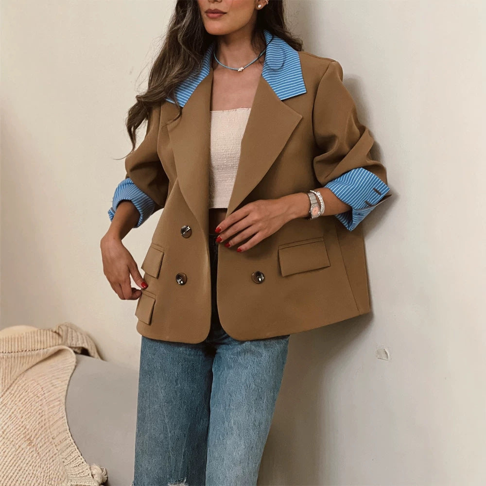 Damen Oversize-doppelreihiger Blazer mit kontrastkragen & aufschlagärmeln Echoarchiv