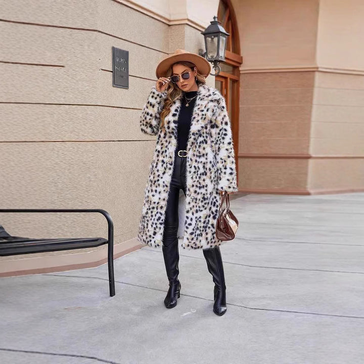 Damen Midi-Kunstpelzmantel mit Leopardenprint, tailliertem Bindegürtel und Schalkragen Echo Archiv