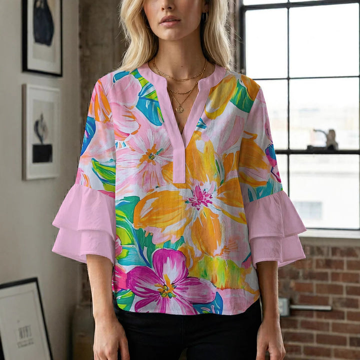 Damen Bluse mit voluminösen Rüschenärmeln und floralem Muster Echo Archiv