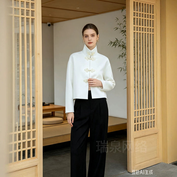 Damen Cropped-Jacke im Mandarin-Stil mit dekorativen Froschverschlüssen und kastigem Schnitt Echoarchiv