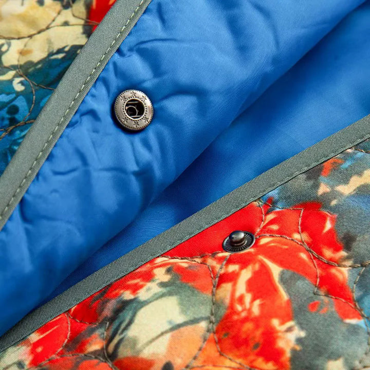 Damen gesteppte Aquarell-Blousonjacke mit Cordbesatz Stehkragen und aufgesetzten Taschen – Célinea