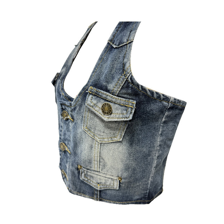 Damen Crop-Top aus Denim mit dekorativen Knopfdetails und tiefem V-Ausschnitt Echo Archiv