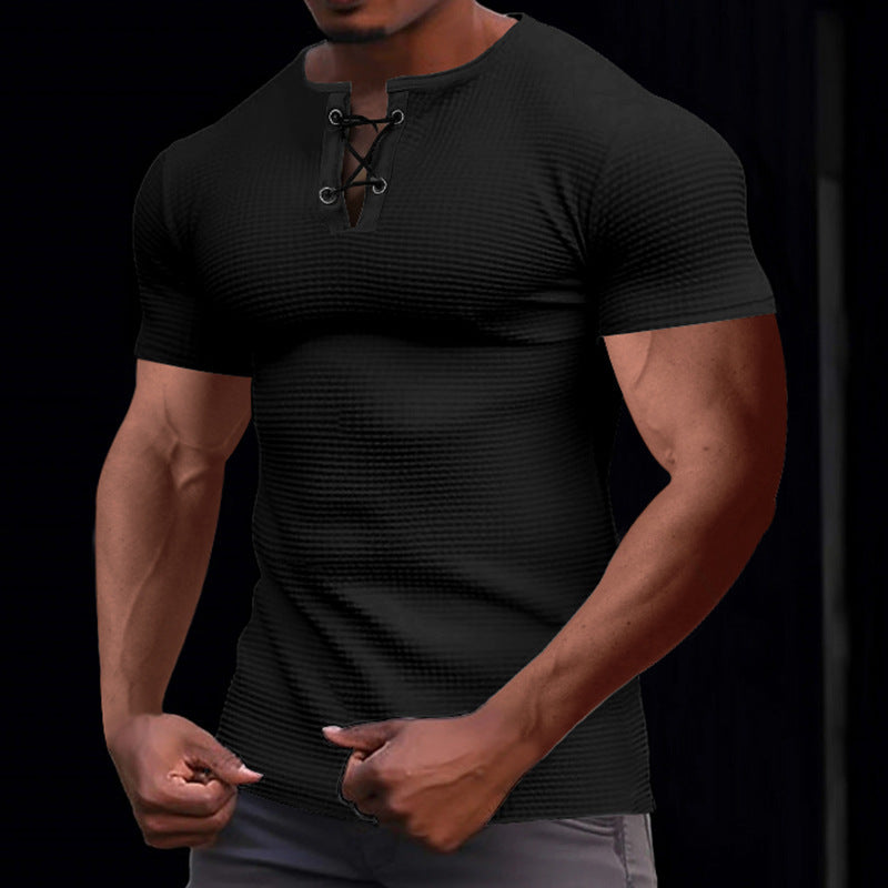 Herren lässiges Kurzarm-Henley-T-Shirt mit strukturiertem Design und Knopfleiste Echoarchiv