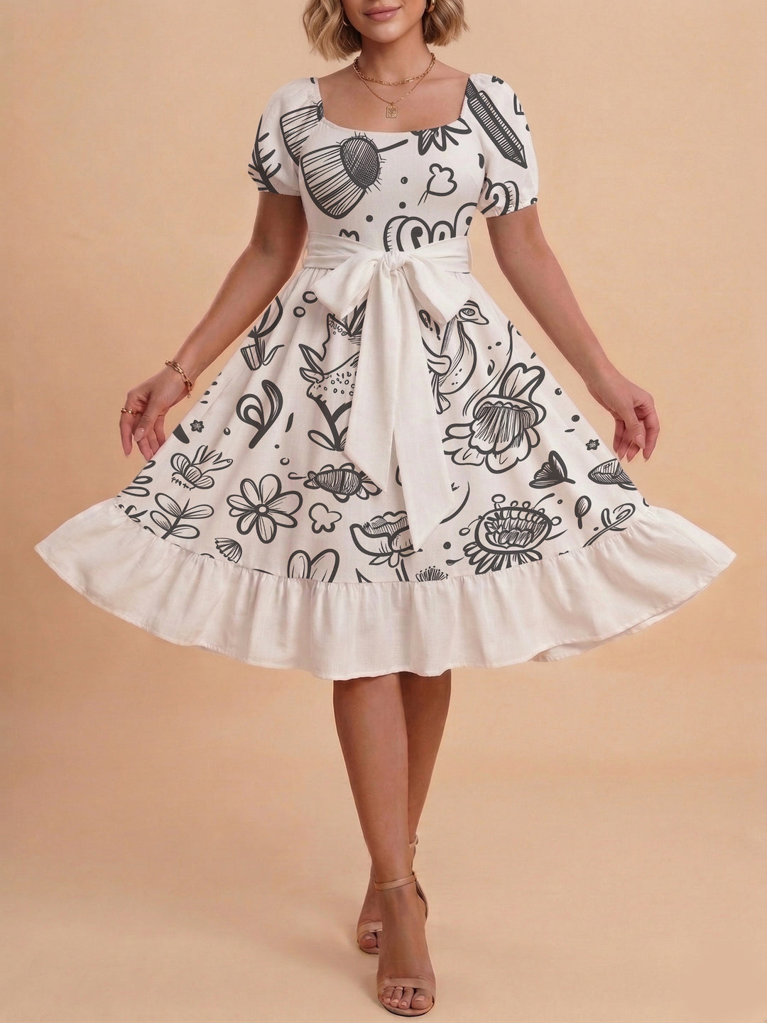 Damen Midi Kleid mit elegantem Blumendruck und tailliertem Gürtel Echo Archiv
