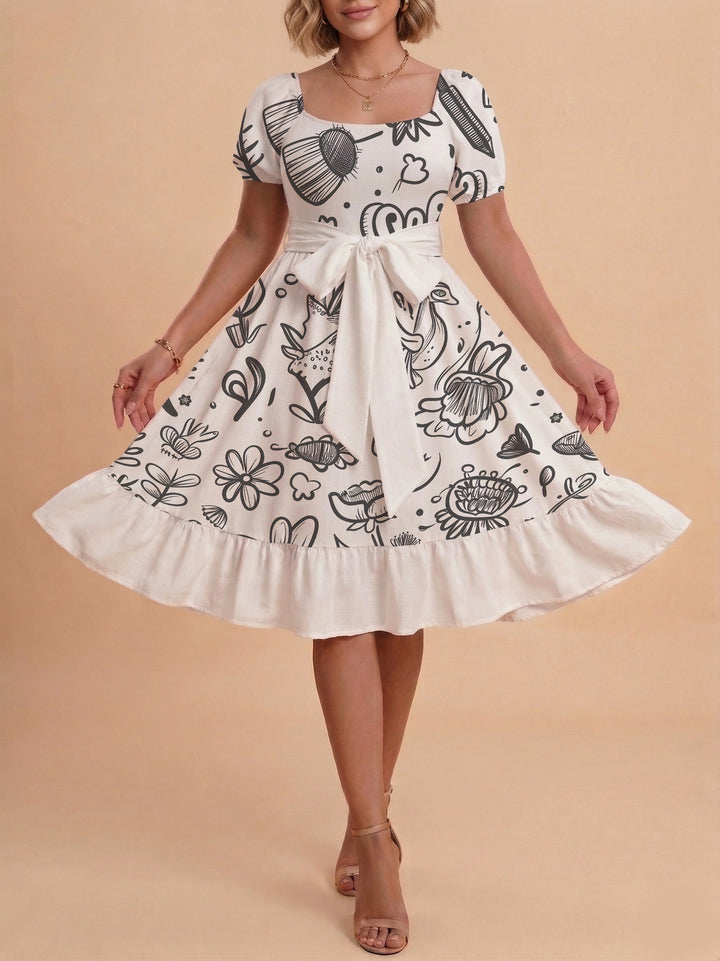 Damen Midi Kleid mit elegantem Blumendruck und tailliertem Gürtel Echo Archiv